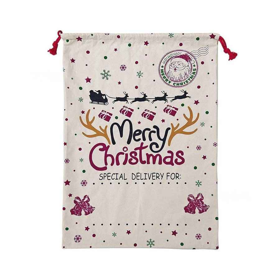 Large Canvas Christmas Santa Sack - Merry Christmas Sleigh, Bells and Santa Stamp