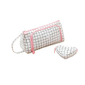Large Capacity Canvas Pencil Case - White with Black Grid Lines