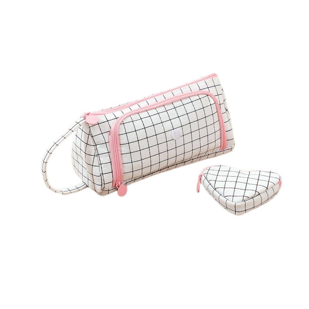 Large Capacity Canvas Pencil Case - White with Black Grid Lines