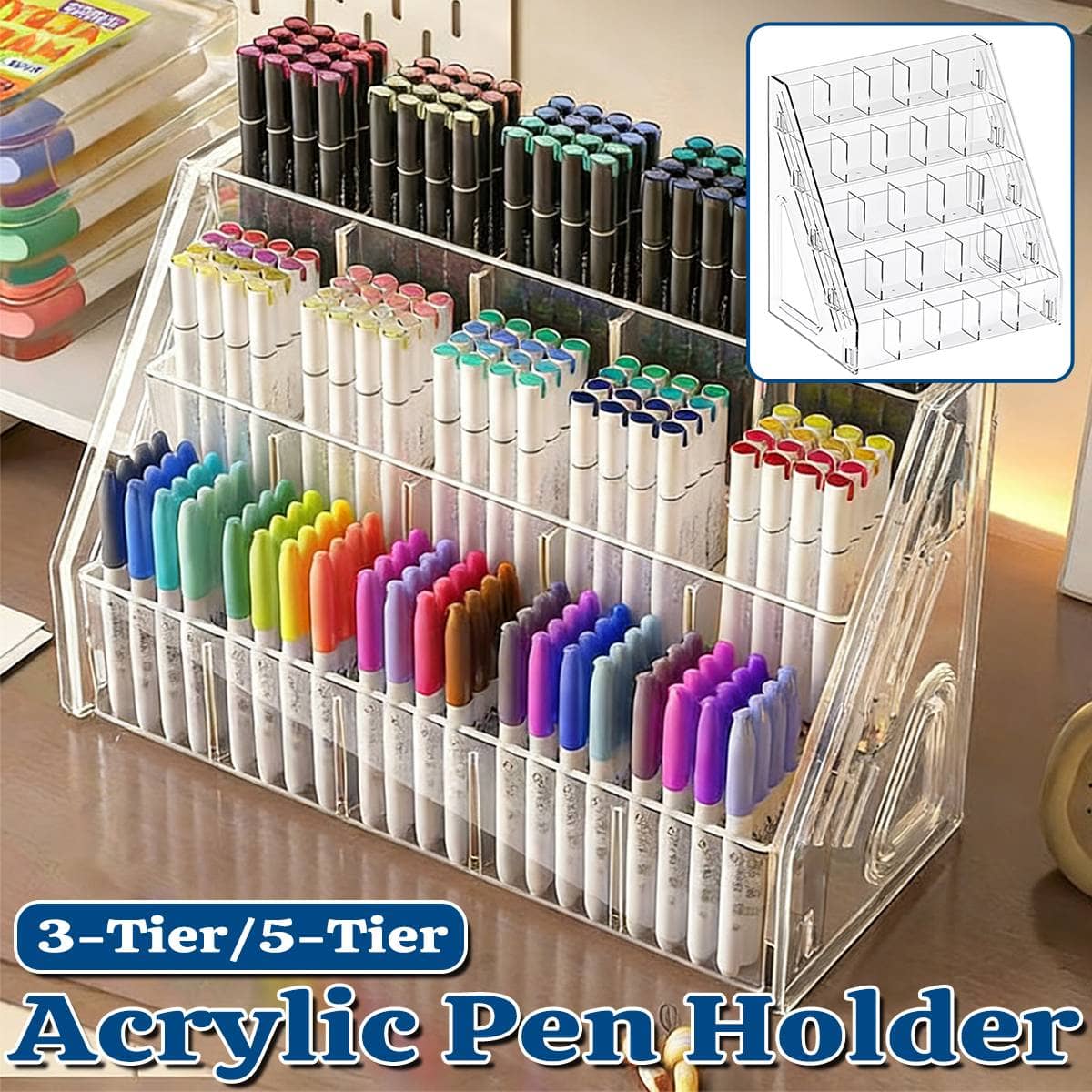 Large Capacity Clear Acrylic Desktop Pen Holder Organiser - 5 Tier - view 2