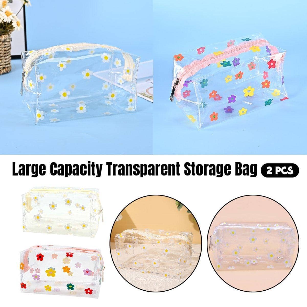 Large Capacity Clear PVC Cosmetic Bags with Flower Prints - Pack of 2