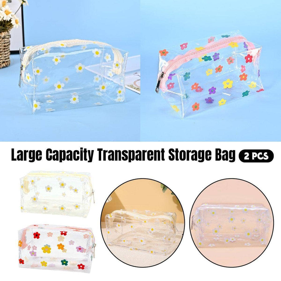 Large Capacity Clear PVC Cosmetic Bags with Flower Prints - Pack of 2