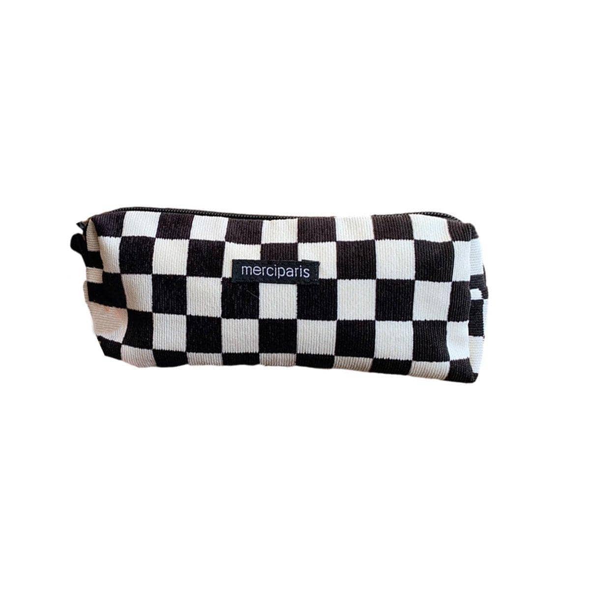 Large Capacity Corduroy Pencil Case - Black and White Checkerboard