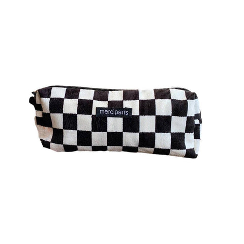 Large Capacity Corduroy Pencil Case - Black and White Checkerboard