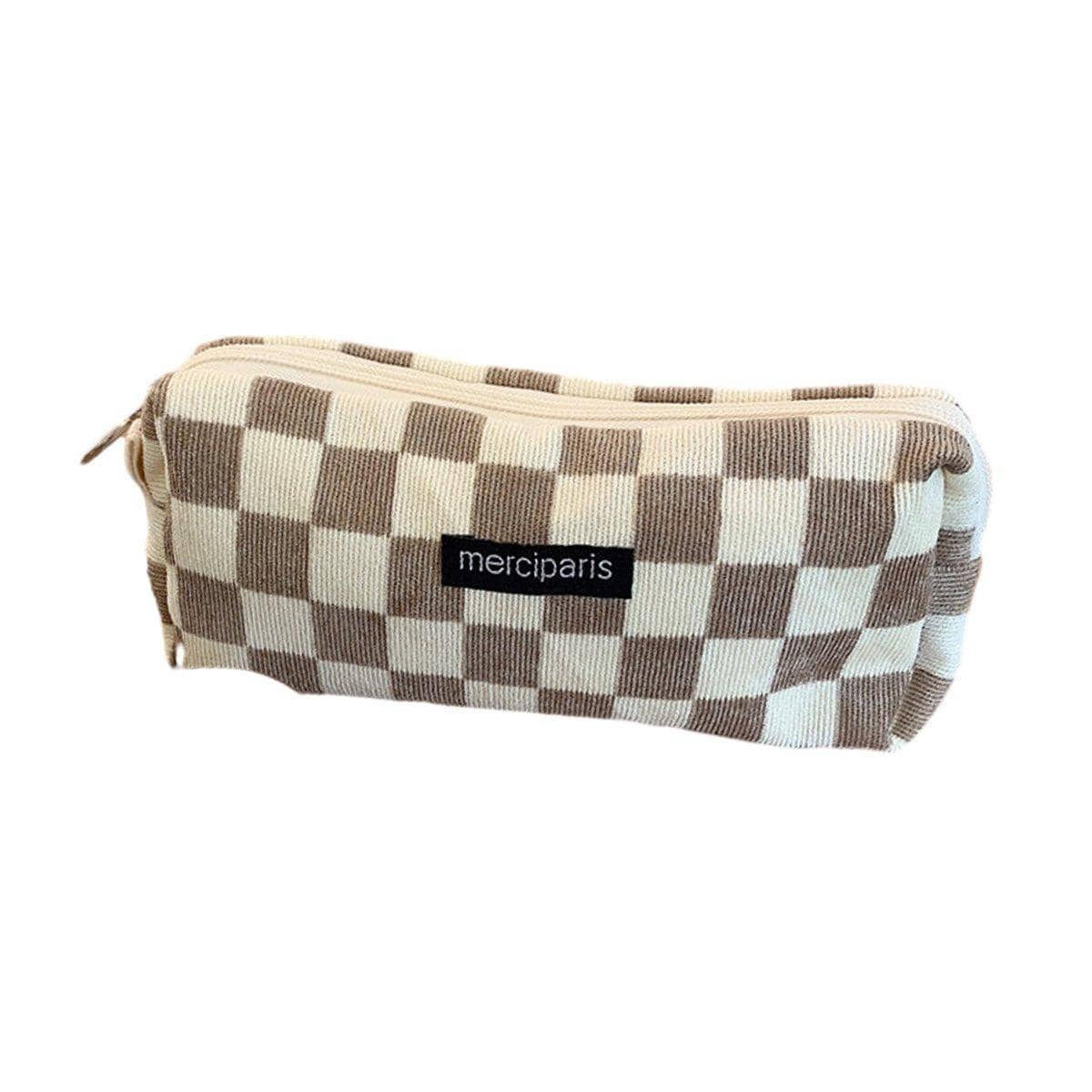 Large Capacity Corduroy Pencil Case - Brown and Cream Checkerboard