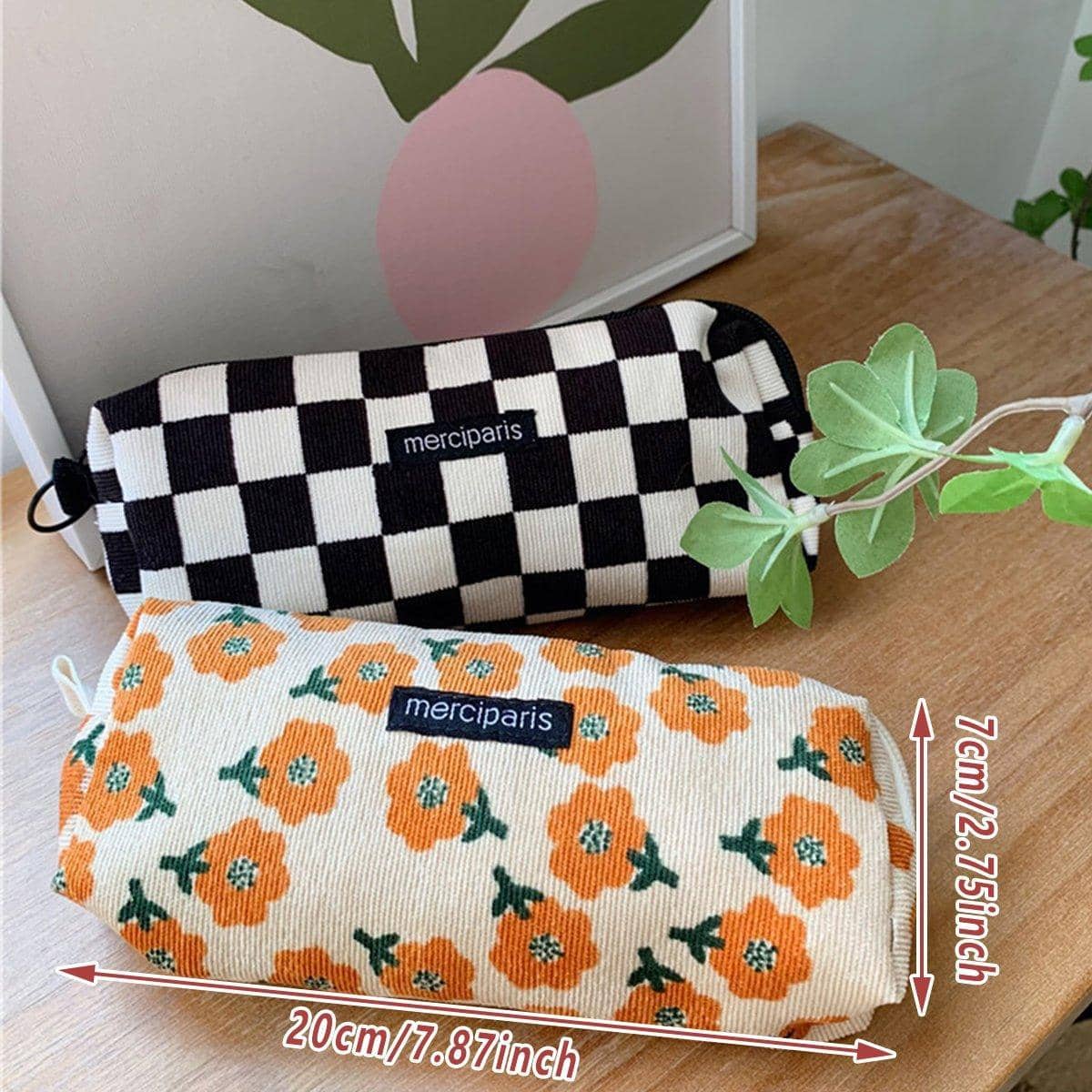 Large Capacity Corduroy Pencil Case - Brown and Cream Checkerboard - view 4