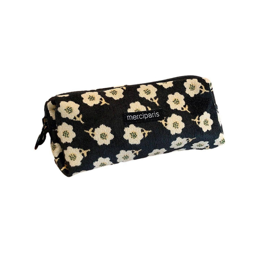 Large Capacity Corduroy Pencil Case - Cream Flowers on Black