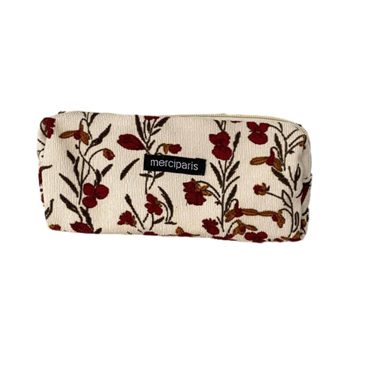 Large Capacity Corduroy Pencil Case - Red Wildflowers on Cream