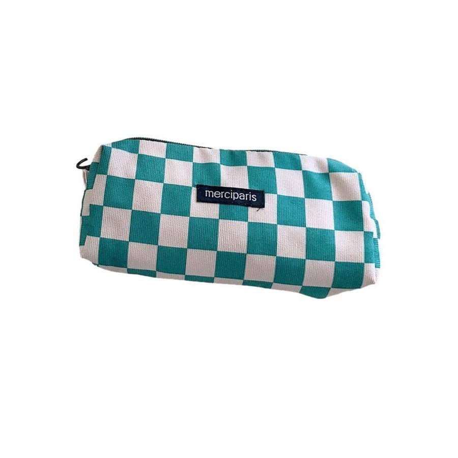 Large Capacity Corduroy Pencil Case - Teal and Cream Checkerboard