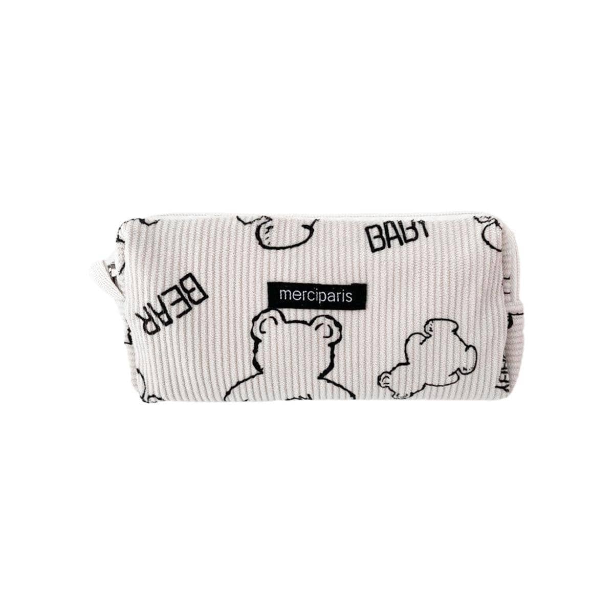 Large Capacity Corduroy Pencil Case - White with Baby Bear Print