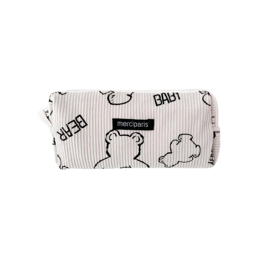 Large Capacity Corduroy Pencil Case - White with Baby Bear Print