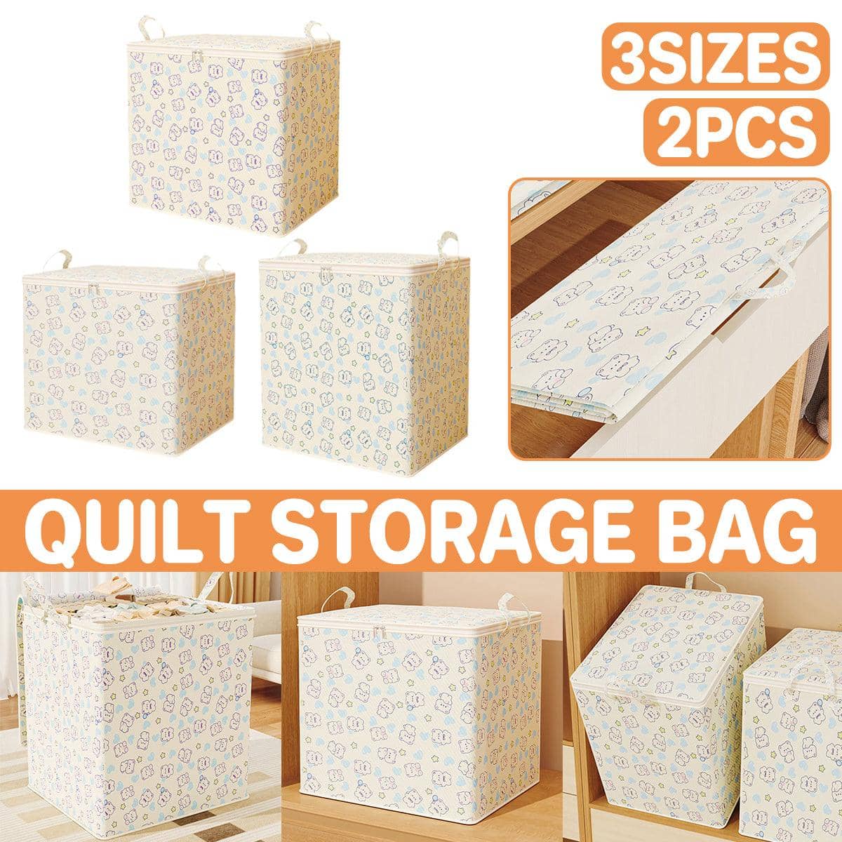 Large Capacity Foldable Quilt Storage Bags, Set of 2 - Cream Bear Print, XXL (60 x 50 x 50 cm) - view 2