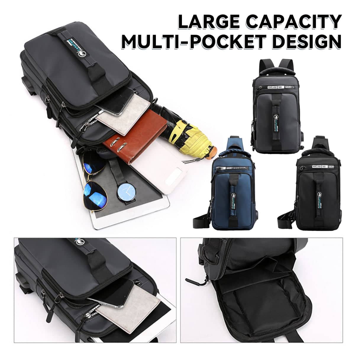 Large Capacity Multi-Functional Shoulder Bag with External USB Port - Grey - view 5