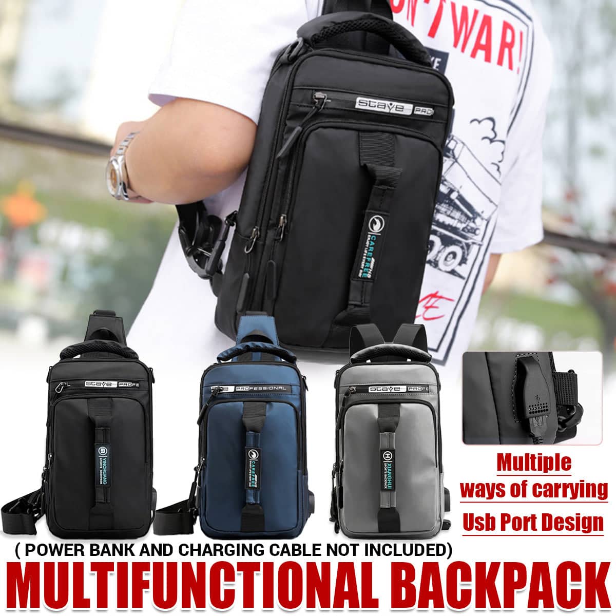 Large Capacity Multi-Functional Shoulder Bag with External USB Port - Navy Blue - view 2