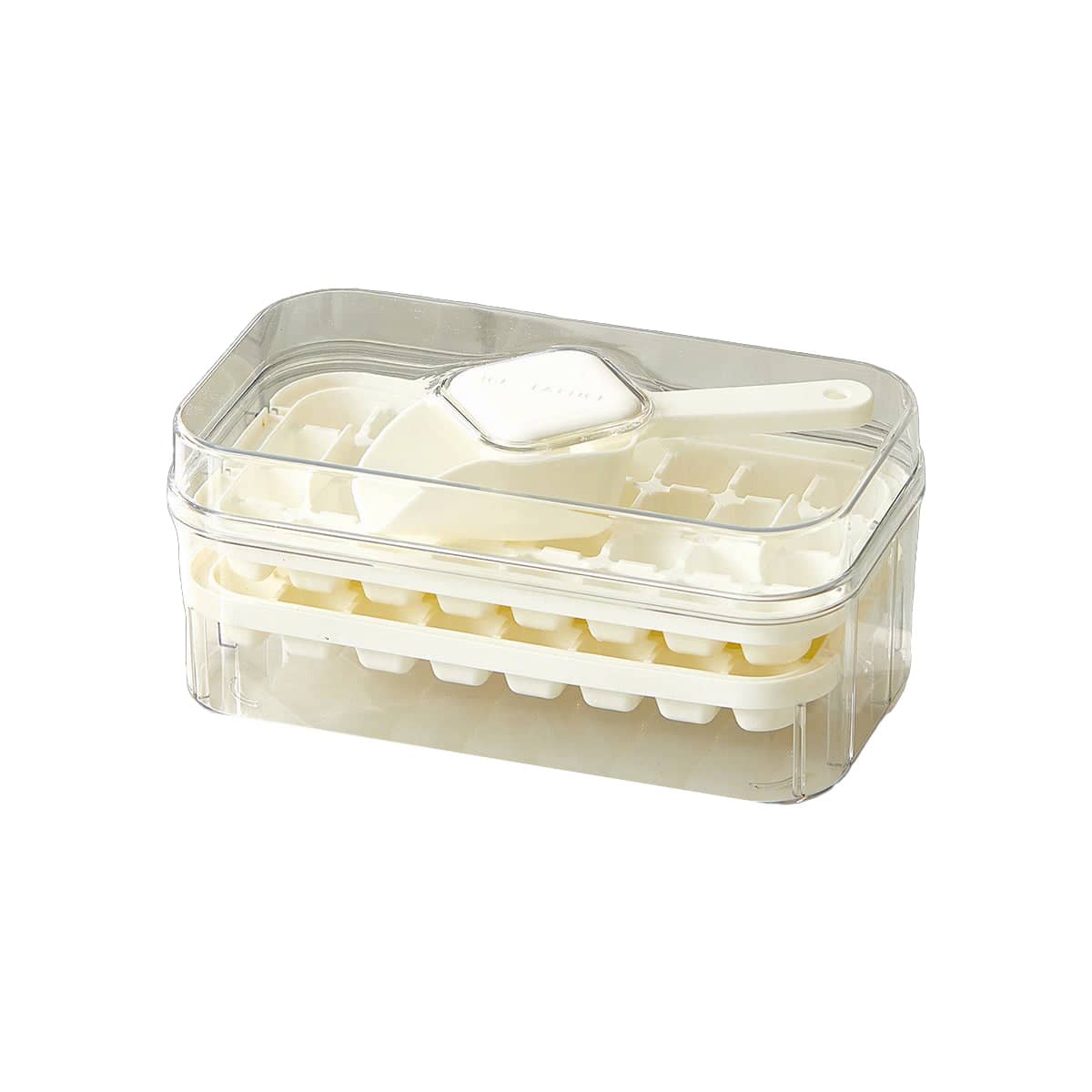 Large Capacity Press Ice Cube Mould with Storage Container and Scoop - White