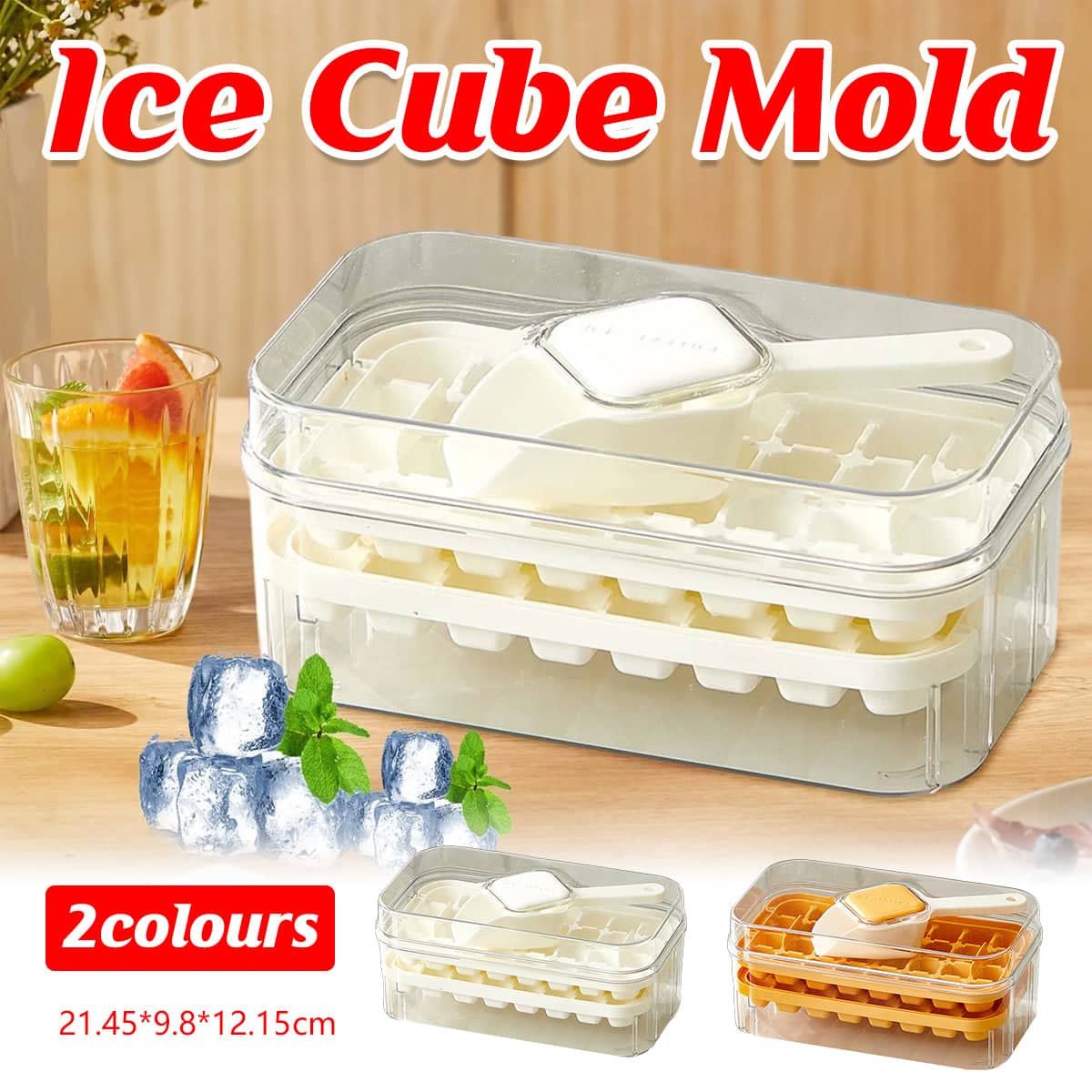 Large Capacity Press Ice Cube Mould with Storage Container and Scoop - White - view 2