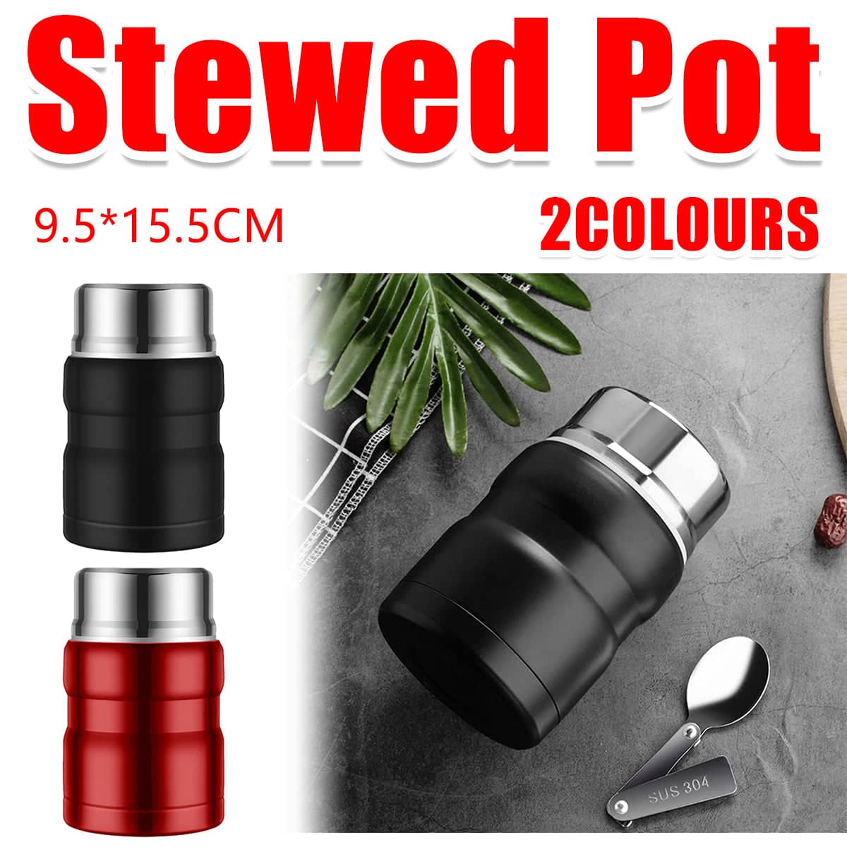 Large Capacity Stainless Steel Vacuum Insulated Lunch Box Flask with Foldable Spoon - Red - view 2