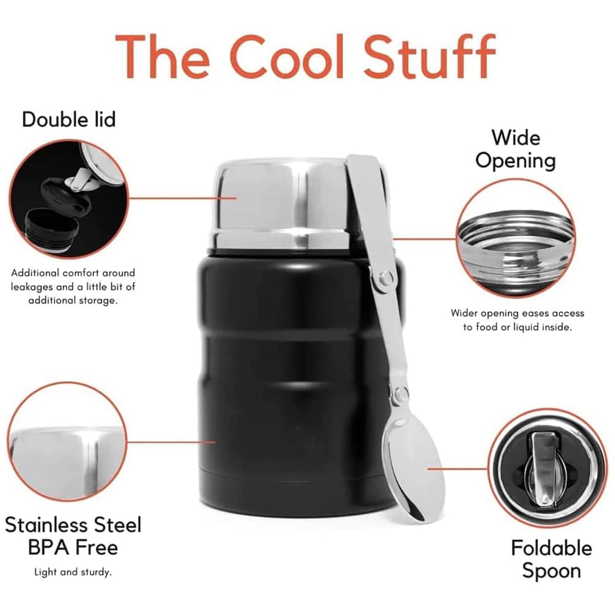 Large Capacity Stainless Steel Vacuum Insulated Lunch Box Flask with Foldable Spoon - Red - view 5