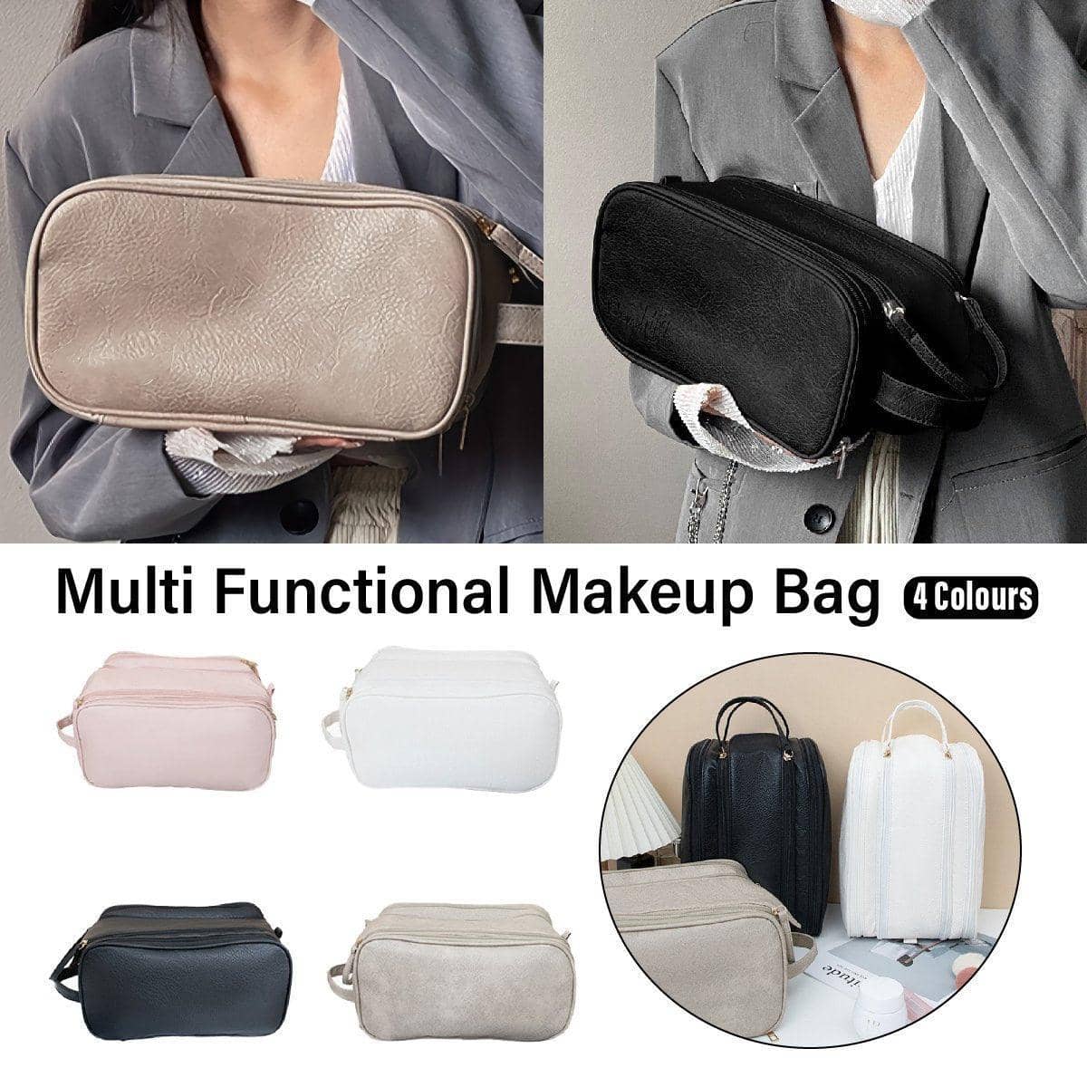 Large Capacity Travel Cosmetic Bag, Waterproof Faux Leather - White - view 2