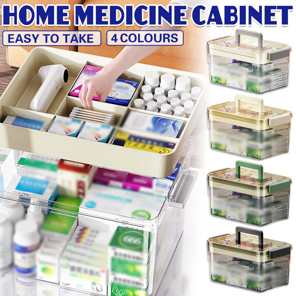 Large Clear First Aid Medicine Storage Box with Handle and Tray - Dark Grey - view 2