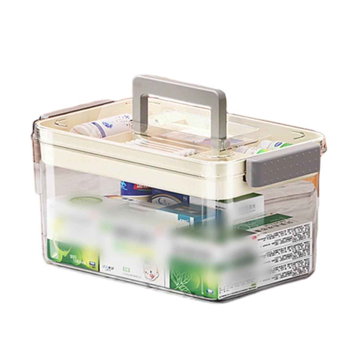 Large Clear First Aid Medicine Storage Box with Handle and Tray - Light Grey