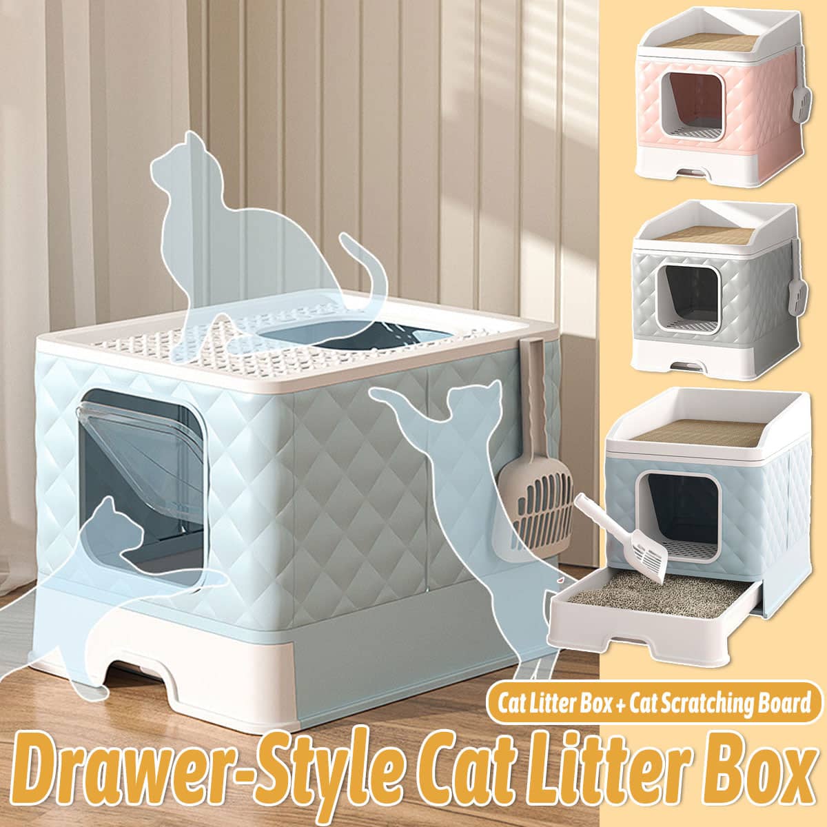 Large Enclosed Cat Litter Box with Drawer for Indoor Cats - Blue - view 2