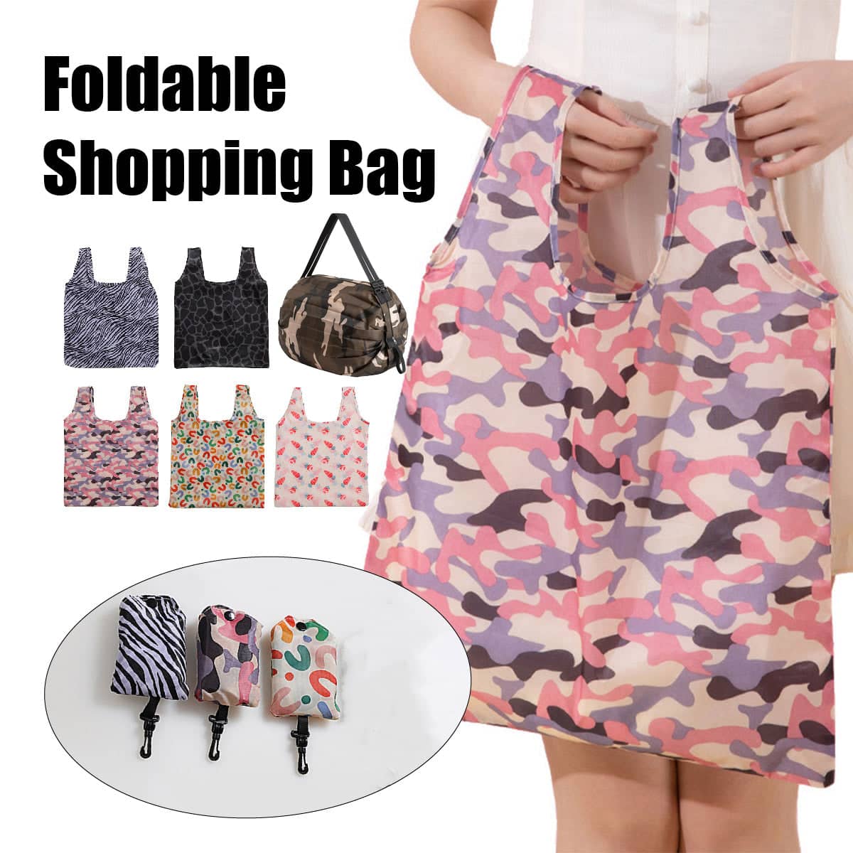 Large Foldable Reusable Grocery Bag, 41 x 56 cm - White Carrot Print - view 2