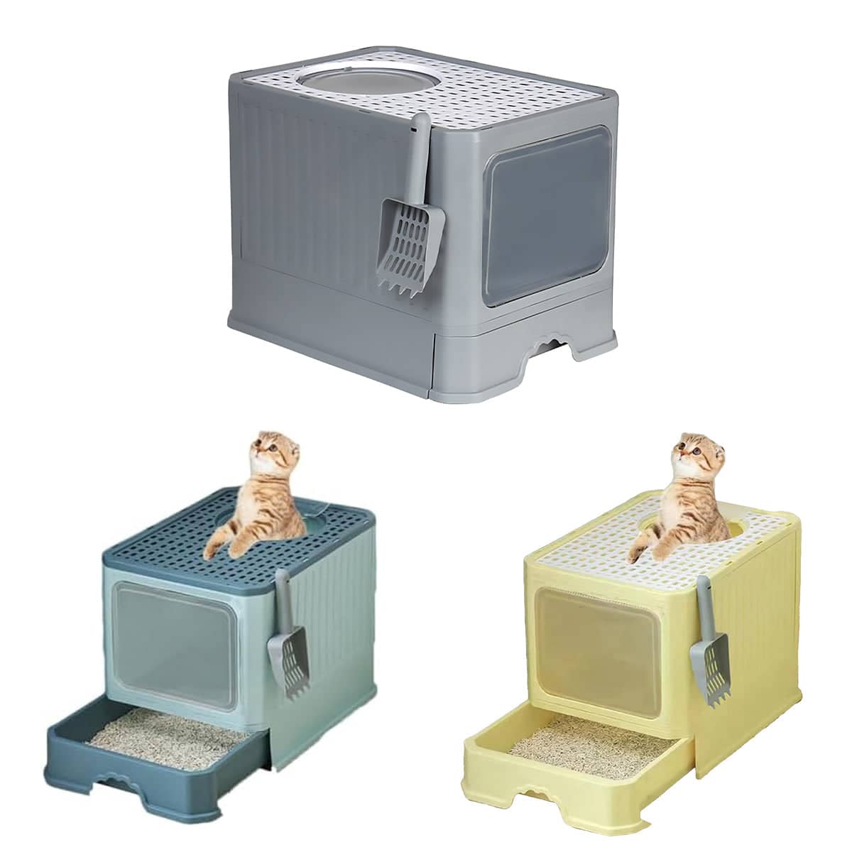 Large Fully Enclosed Cat Litter Box with Drawer and Scoop - Grey - view 3