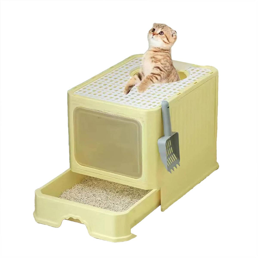 Large Fully Enclosed Cat Litter Box with Drawer and Scoop - Yellow