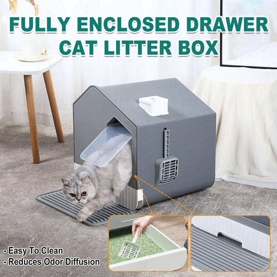 Large Fully Enclosed Cat Litter Box with Drawer Tray, Scoop and Vent Cover