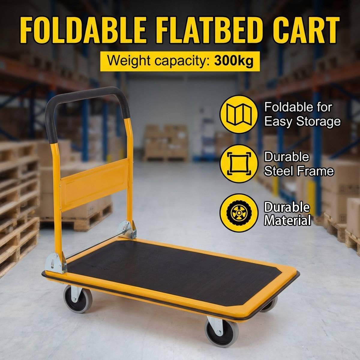 Large Heavy Duty Foldable Flatbed Trolley Cart with Rubber Wheels