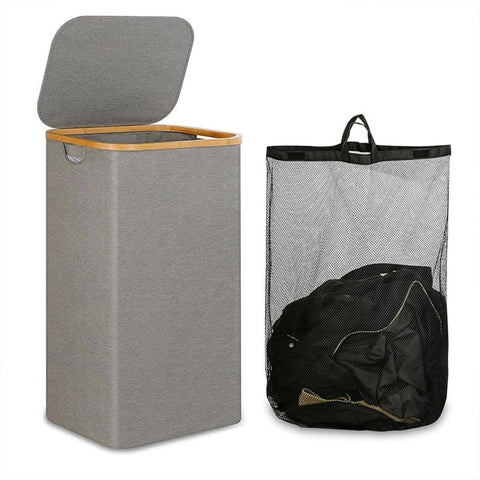 Large Laundry Basket with Lid and Bamboo Rim, Removable Mesh Bag - Grey
