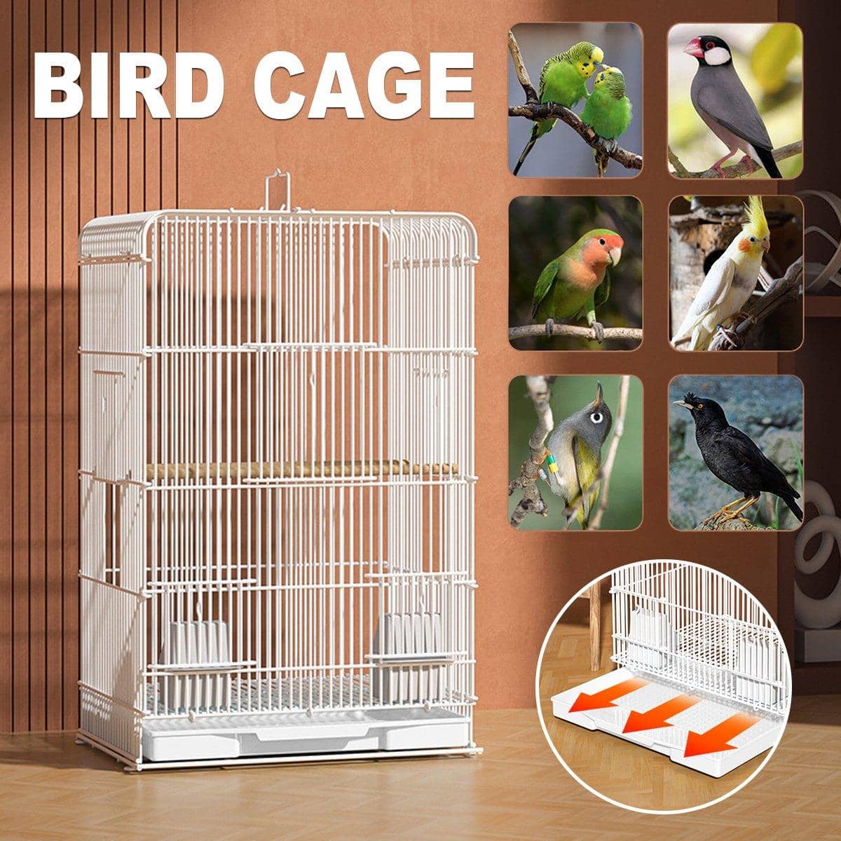 Large Parrot Birdcage with Standing Poles and Pull Out Tray, White Metal Flight Cage
