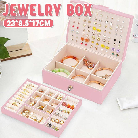 Large Pink Leather Jewellery Box with Double Layer Storage and Lock