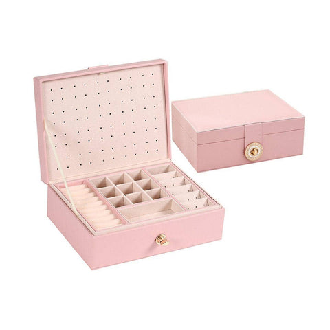 Large Pink Leather Jewellery Box with Double Layer Storage and Lock - view 2