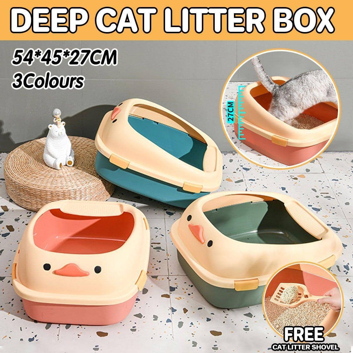 Large Semi-Enclosed Cat Litter Box, Anti-Splash - Green - view 2