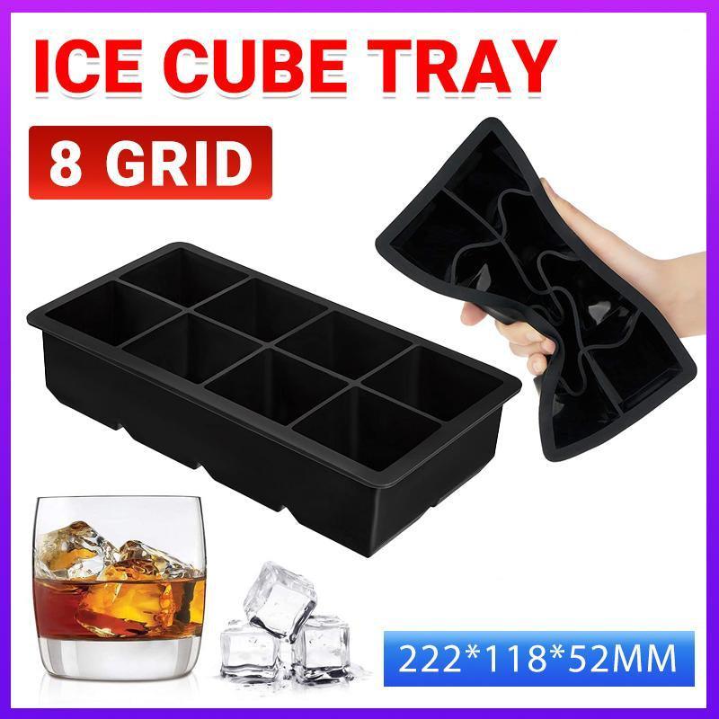 Large Silicone Ice Cube Tray, 8 Giant Square Grids - Black