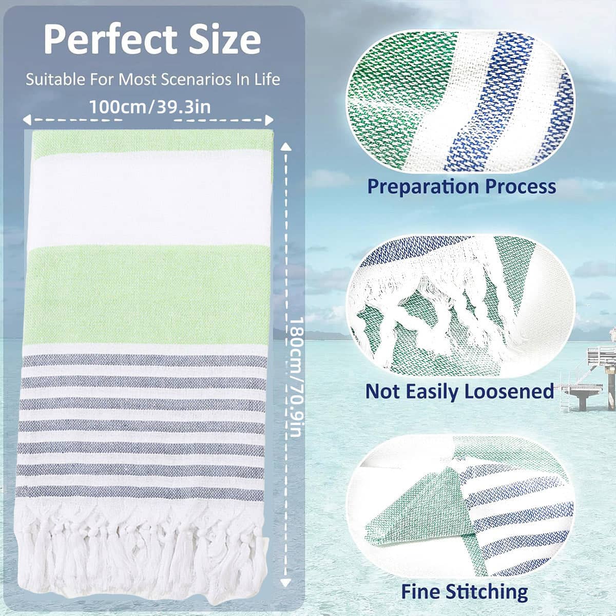 Large Striped Cotton Beach Towel, 100 x 180 cm - Light Green - view 4