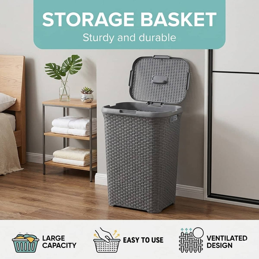 Laundry Basket Plastic Rattan Style - Grey, 33 x 45 x 61cm