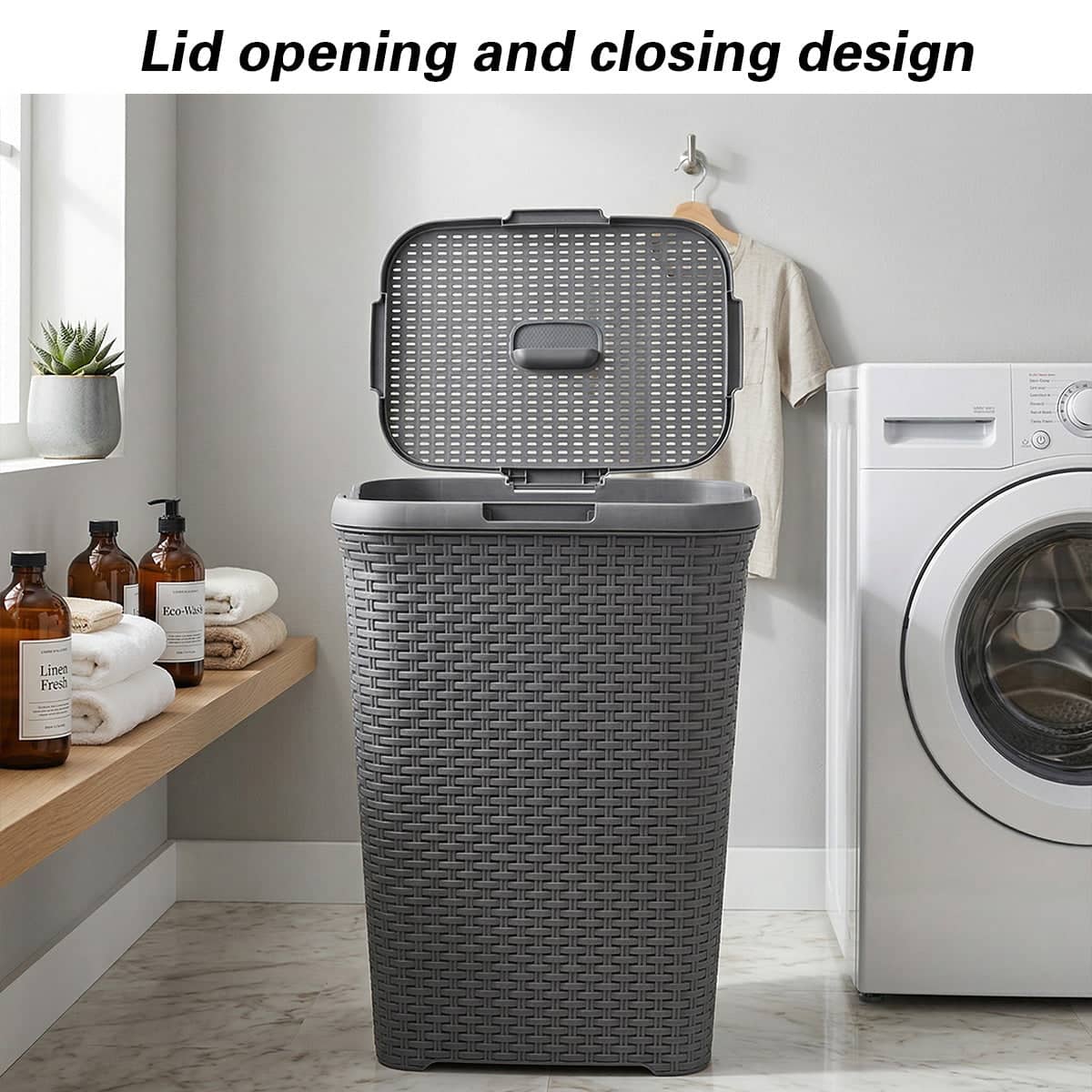 Laundry Basket Plastic Rattan Style - Grey, 33 x 45 x 61cm - view 4