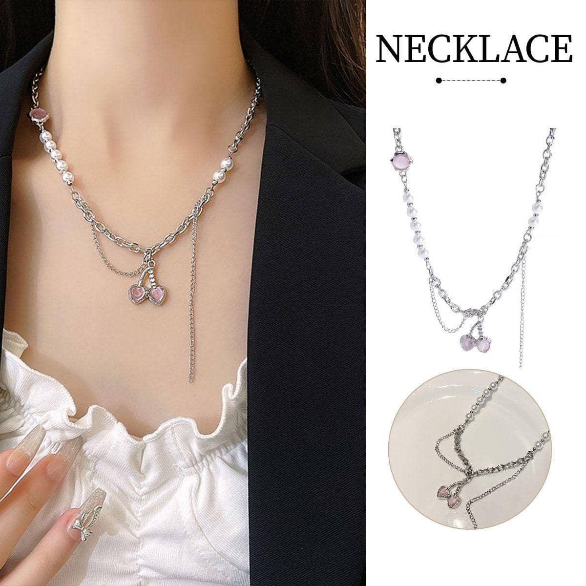 Layered Chain Necklace with Pink Cherry Pendant for Women