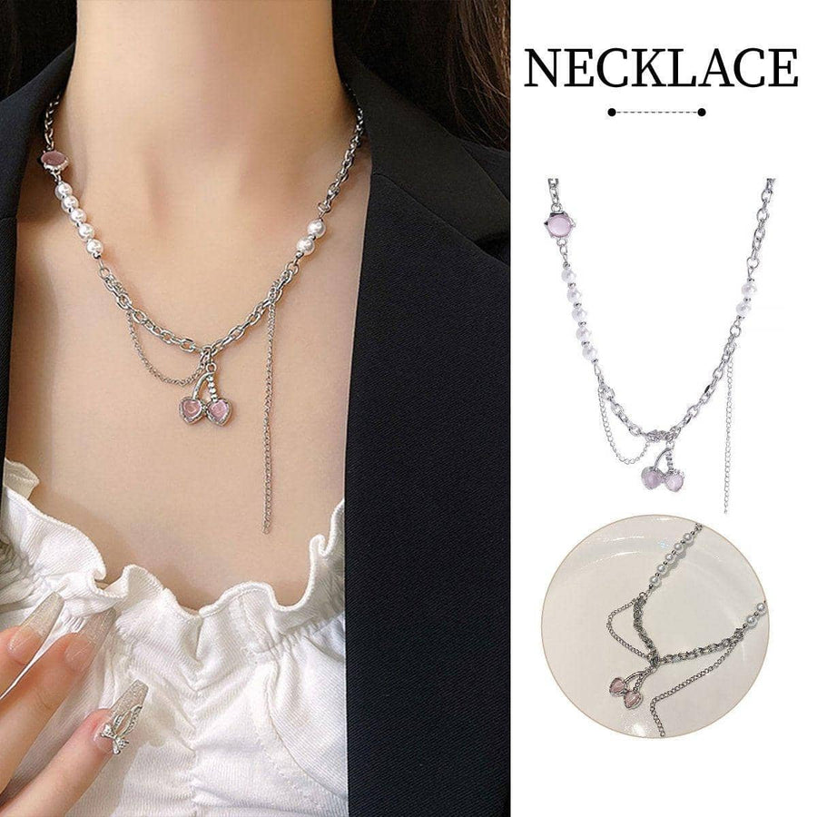 Layered Chain Necklace with Pink Cherry Pendant for Women