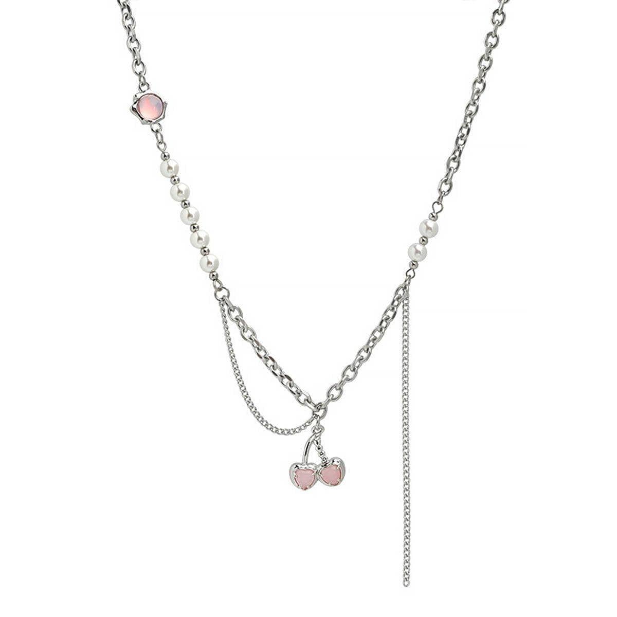 Layered Chain Necklace with Pink Cherry Pendant for Women - view 2