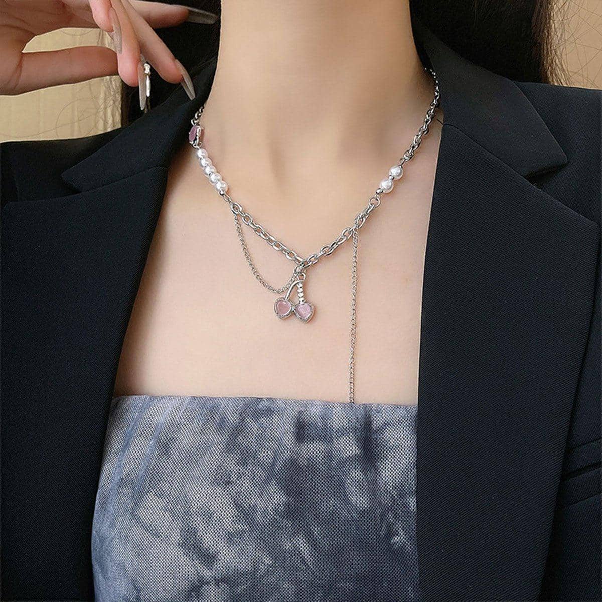 Layered Chain Necklace with Pink Cherry Pendant for Women - view 3