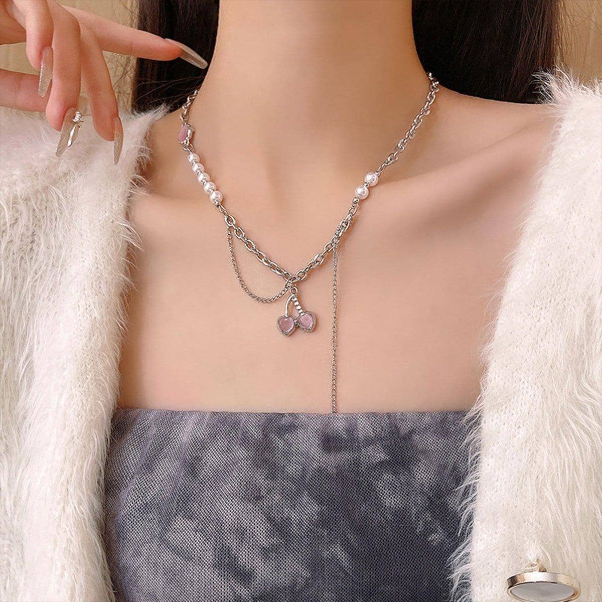 Layered Chain Necklace with Pink Cherry Pendant for Women - view 4