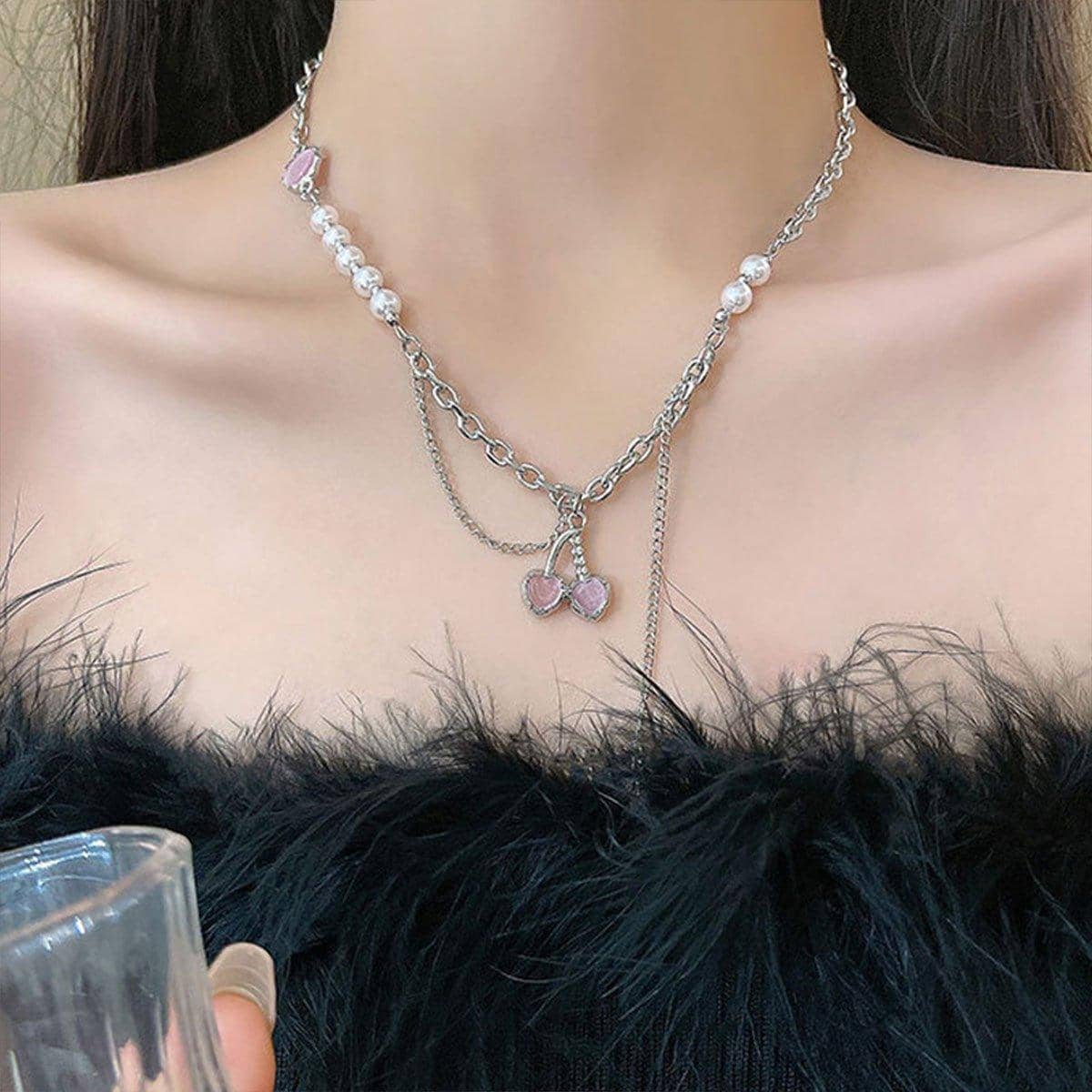 Layered Chain Necklace with Pink Cherry Pendant for Women - view 5