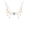 Layered Faux Pearl Necklace with Blue Stone Pendant - Gold-Tone Bell Tassels