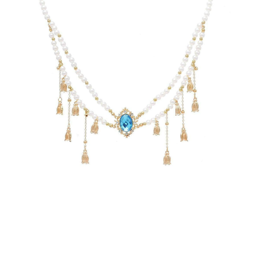 Layered Faux Pearl Necklace with Blue Stone Pendant - Gold-Tone Bell Tassels