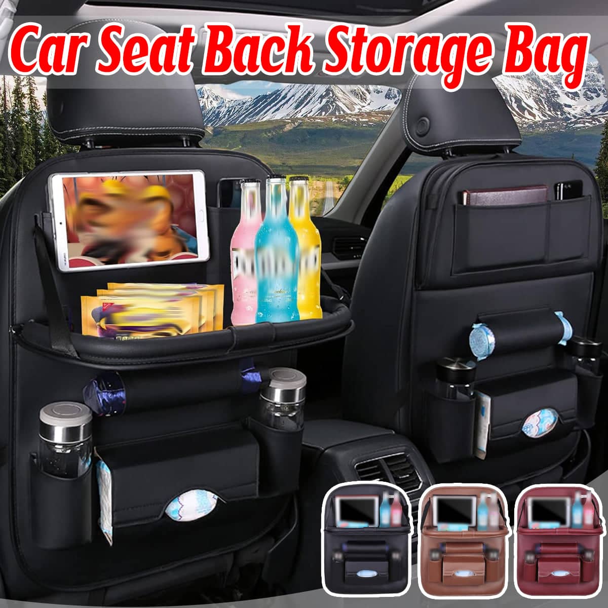 Leather Car Seat Back Storage Bag with Folding Dining Tray and Pockets - Wine Red - view 2