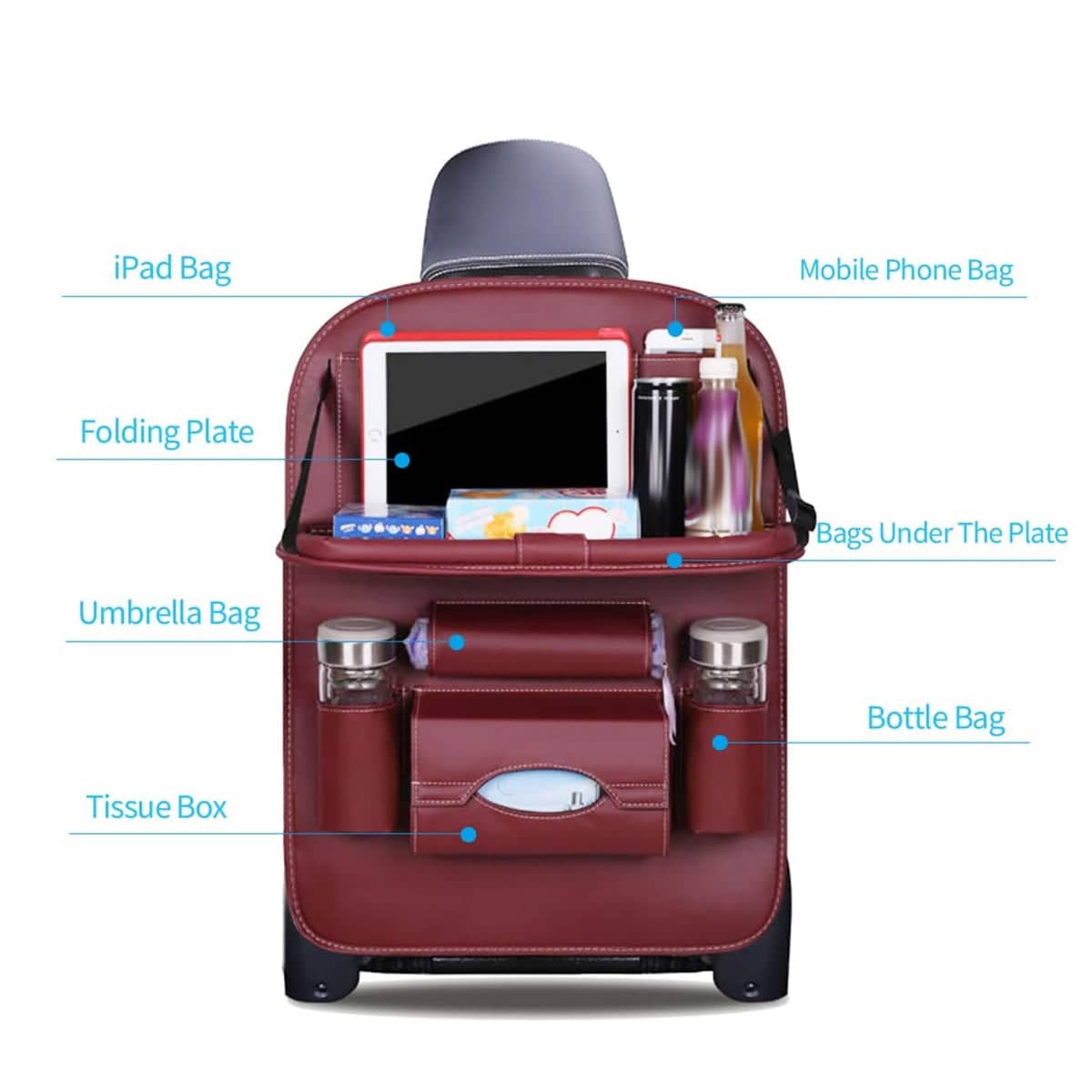 Leather Car Seat Back Storage Bag with Folding Dining Tray and Pockets - Wine Red - view 5